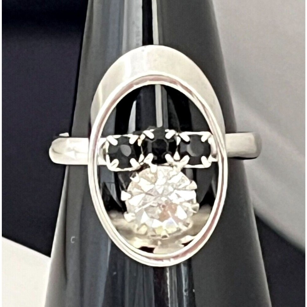 Vintage 1960s Cocktail Ring Silver Tone Black Crystal Mid Century Modern - 4K